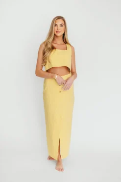 Outlet Worth Collective Sierra Linen Crop Top and Skirt Set in Light Yellow