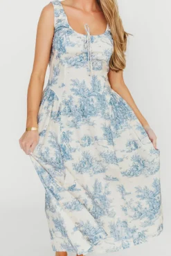 Clearance Worth Collective Skyla 100% Cotton Toile Midi Dress with Tie in Blue