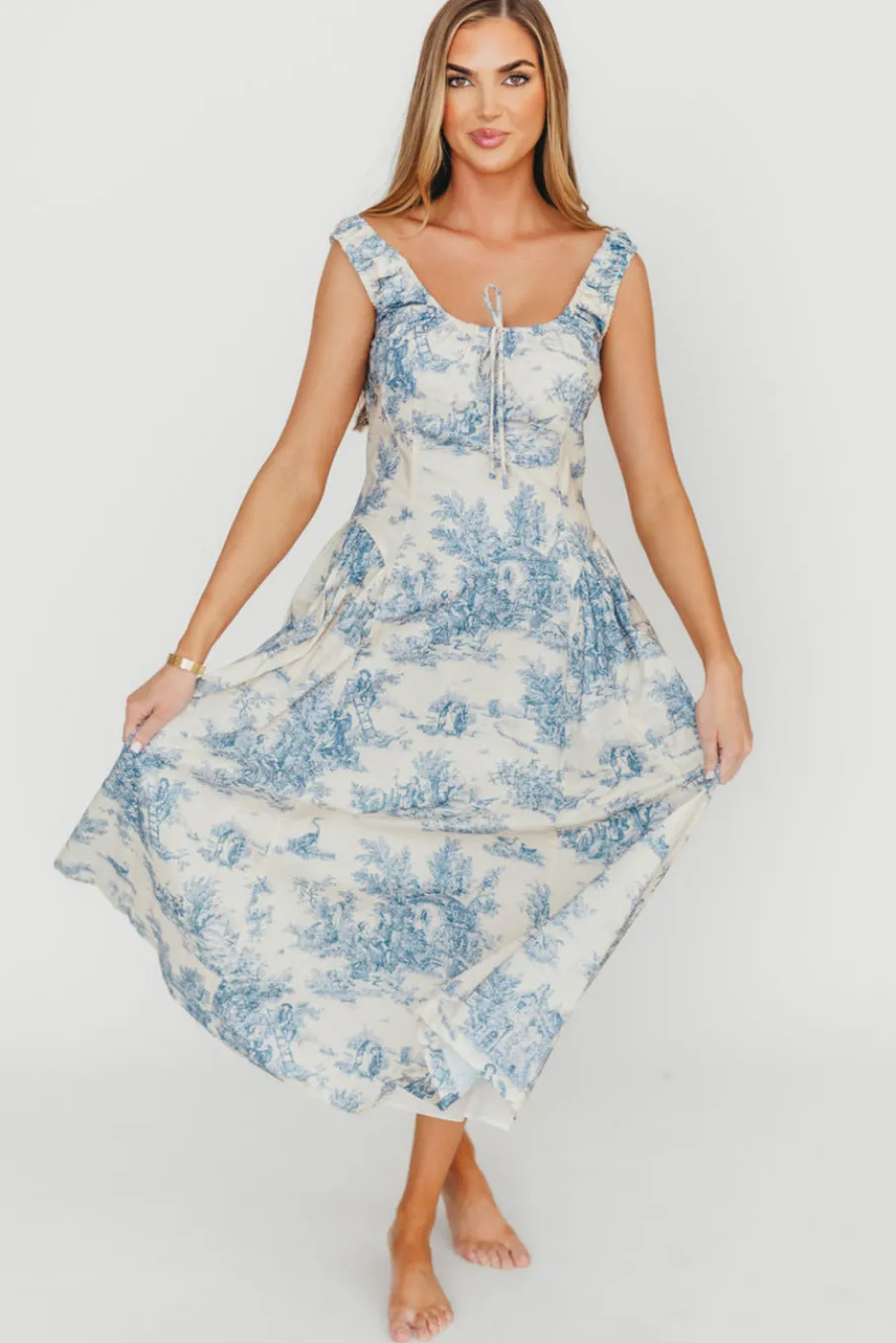 Clearance Worth Collective Skyla 100% Cotton Toile Midi Dress with Tie in Blue