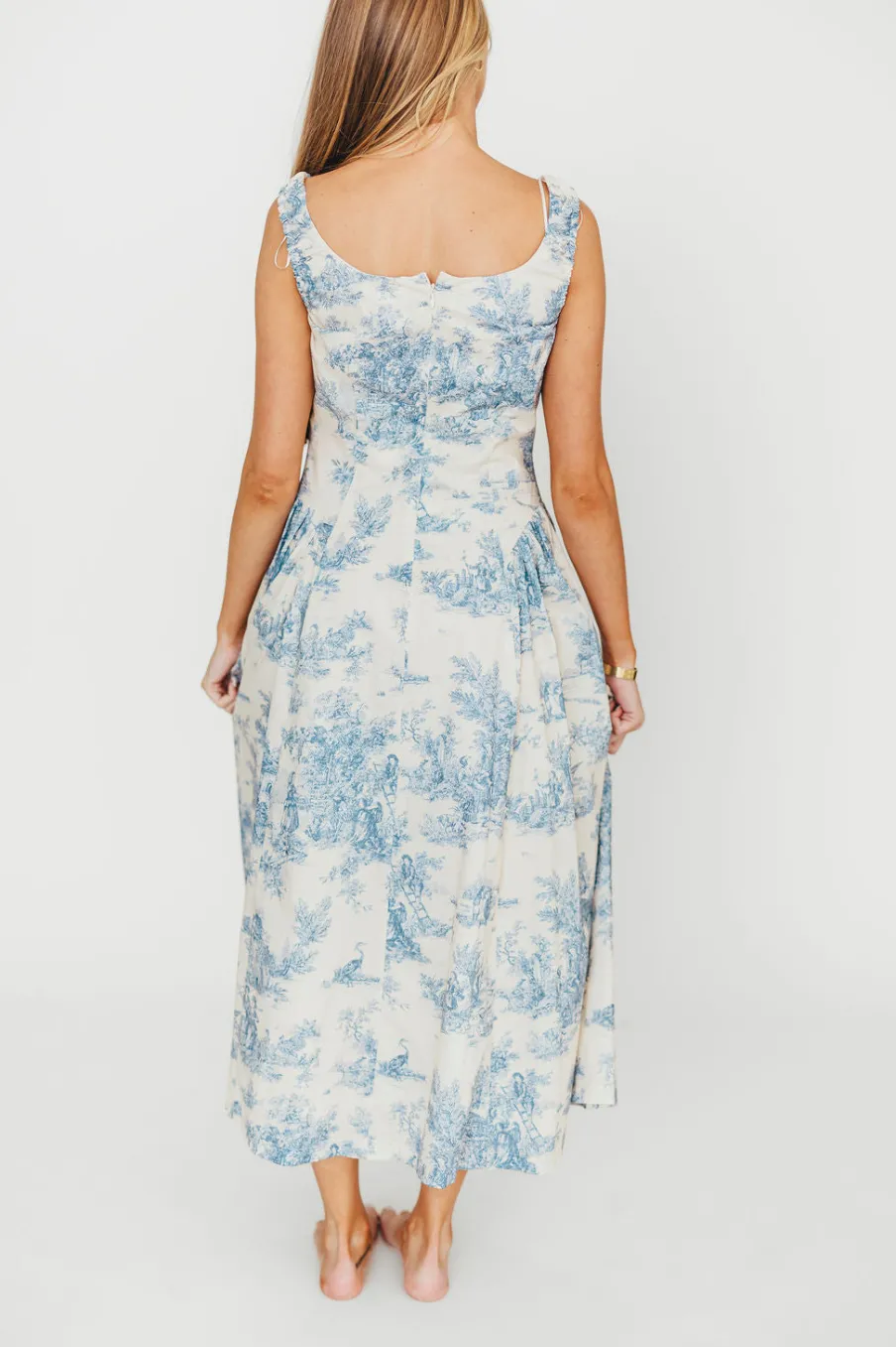 Clearance Worth Collective Skyla 100% Cotton Toile Midi Dress with Tie in Blue
