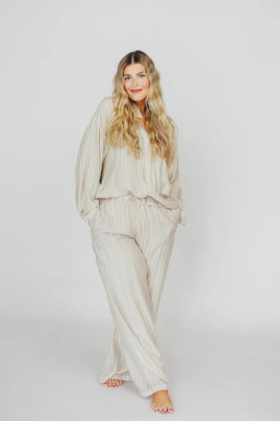 Best Worth Collective Sloane Striped Button-Down Shirt and Pants Set in Natural - Nursing Fr
