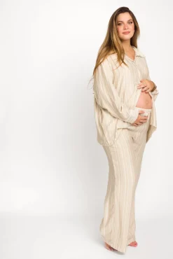 Best Worth Collective Sloane Striped Button-Down Shirt and Pants Set in Natural - Nursing Fr