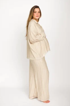 Best Worth Collective Sloane Striped Button-Down Shirt and Pants Set in Natural - Nursing Fr