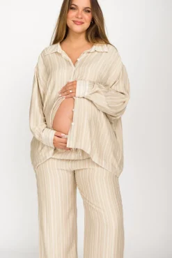 Best Worth Collective Sloane Striped Button-Down Shirt and Pants Set in Natural - Nursing Fr