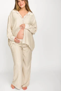 Best Worth Collective Sloane Striped Button-Down Shirt and Pants Set in Natural - Nursing Fr