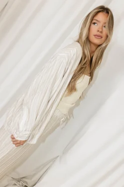 Best Worth Collective Sloane Striped Button-Down Shirt and Pants Set in Natural - Nursing Fr