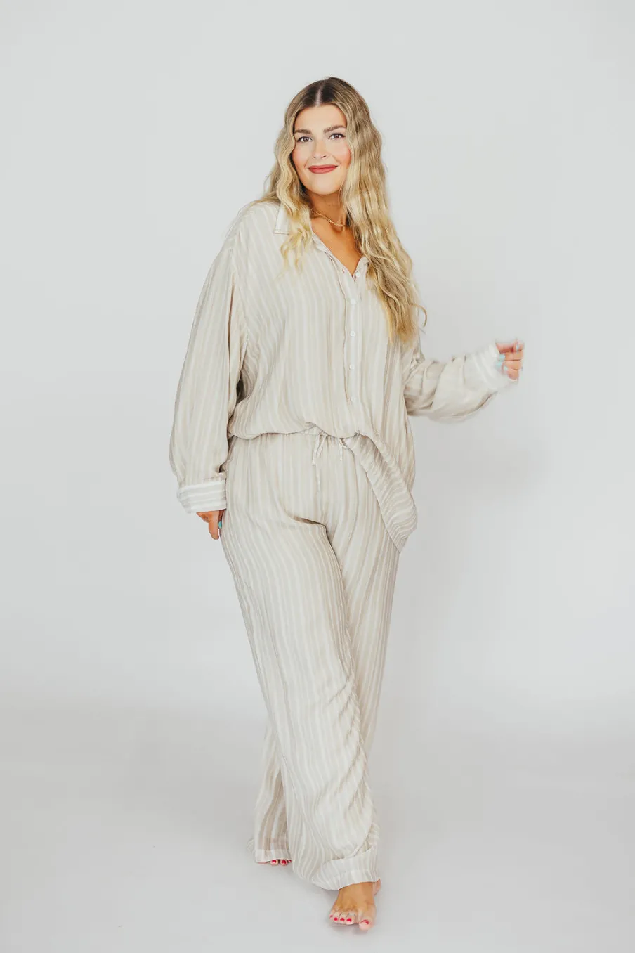 Best Worth Collective Sloane Striped Button-Down Shirt and Pants Set in Natural - Nursing Fr