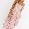 Best Worth Collective Soho Floral Tiered Midi Dress with Pleats and Ruffle in Pink