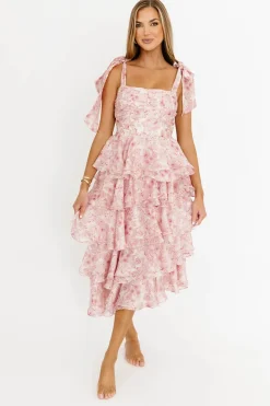 Best Worth Collective Soho Floral Tiered Midi Dress with Pleats and Ruffle in Pink