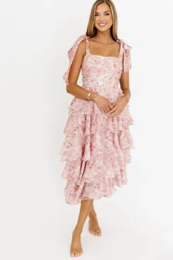 Best Worth Collective Soho Floral Tiered Midi Dress with Pleats and Ruffle in Pink