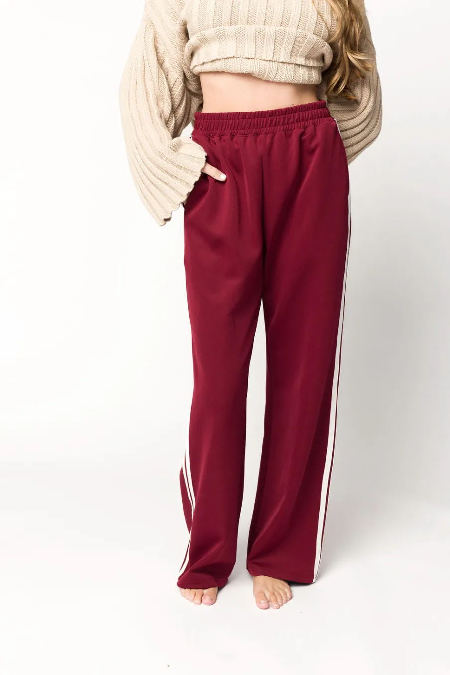 Outlet Worth Collective Sue Wide Leg Track Pants in Burgundy