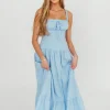 New Worth Collective Sutton Corset Button Down Tiered Maxi Dress in Light Blue
