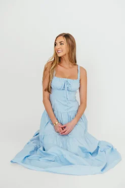 New Worth Collective Sutton Corset Button Down Tiered Maxi Dress in Light Blue