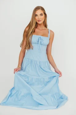 New Worth Collective Sutton Corset Button Down Tiered Maxi Dress in Light Blue