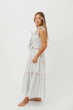 Clearance Worth Collective Tamara Tiered Floral Embroidered Maxi Dress in Pink Flower