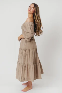Best Worth Collective Taylor Cotton Smocked Midi Dress with Tiered Skirt in Pumice - Inclusi