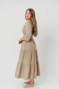 Best Worth Collective Taylor Cotton Smocked Midi Dress with Tiered Skirt in Pumice - Inclusi