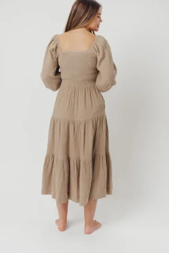 Best Worth Collective Taylor Cotton Smocked Midi Dress with Tiered Skirt in Pumice - Inclusi