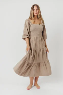 Best Worth Collective Taylor Cotton Smocked Midi Dress with Tiered Skirt in Pumice - Inclusi