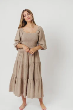 Best Worth Collective Taylor Cotton Smocked Midi Dress with Tiered Skirt in Pumice - Inclusi