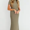 New Worth Collective The Charlie Ribbed Maxi Dress in Dusty Olive Green - Bump Friendly