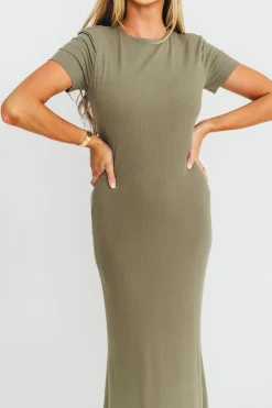New Worth Collective The Charlie Ribbed Maxi Dress in Dusty Olive Green - Bump Friendly