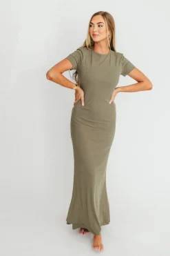 New Worth Collective The Charlie Ribbed Maxi Dress in Dusty Olive Green - Bump Friendly