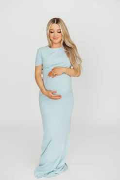 Sale Worth Collective The Charlie Ribbed Maxi Dress in Baby Blue -Bump Friendly