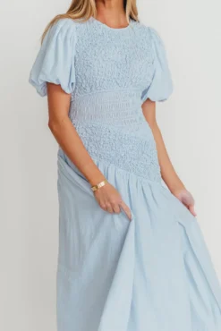 Clearance Worth Collective Theoni Asymmetrical Smocked Dress in Blue