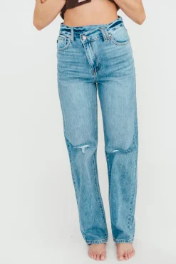 Online Worth Collective Tiffany 90s High-Rise Crisscross Waist Straight Jeans in Light Wash
