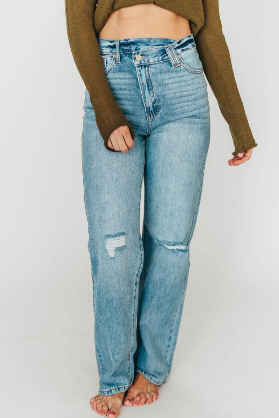 Online Worth Collective Tiffany 90s High-Rise Crisscross Waist Straight Jeans in Light Wash