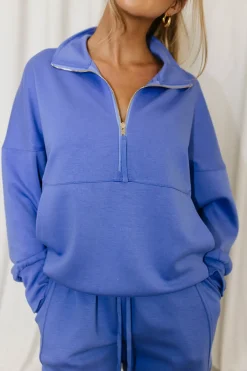 Best Worth Collective Turner "Butter Modal" Quarter Zip Up Pullover Top in Cornflower Blue