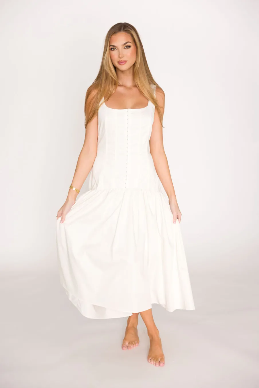 Hot Worth Collective Violet Corset Style Drop Waist Midi Dress in Off-White
