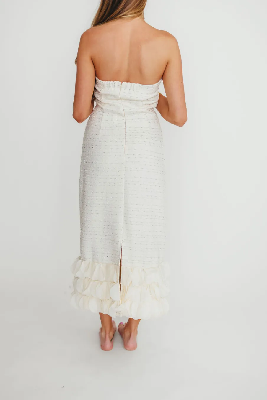 Fashion Worth Collective Whitney Tweed Strapless Maxi Dress in Off-White