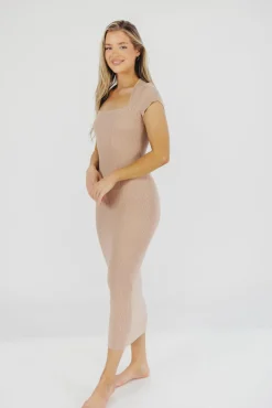Clearance Worth Collective Wren Ribbed Knit Maxi Dress with Square Neckline in Dusty Blush (XS-XL