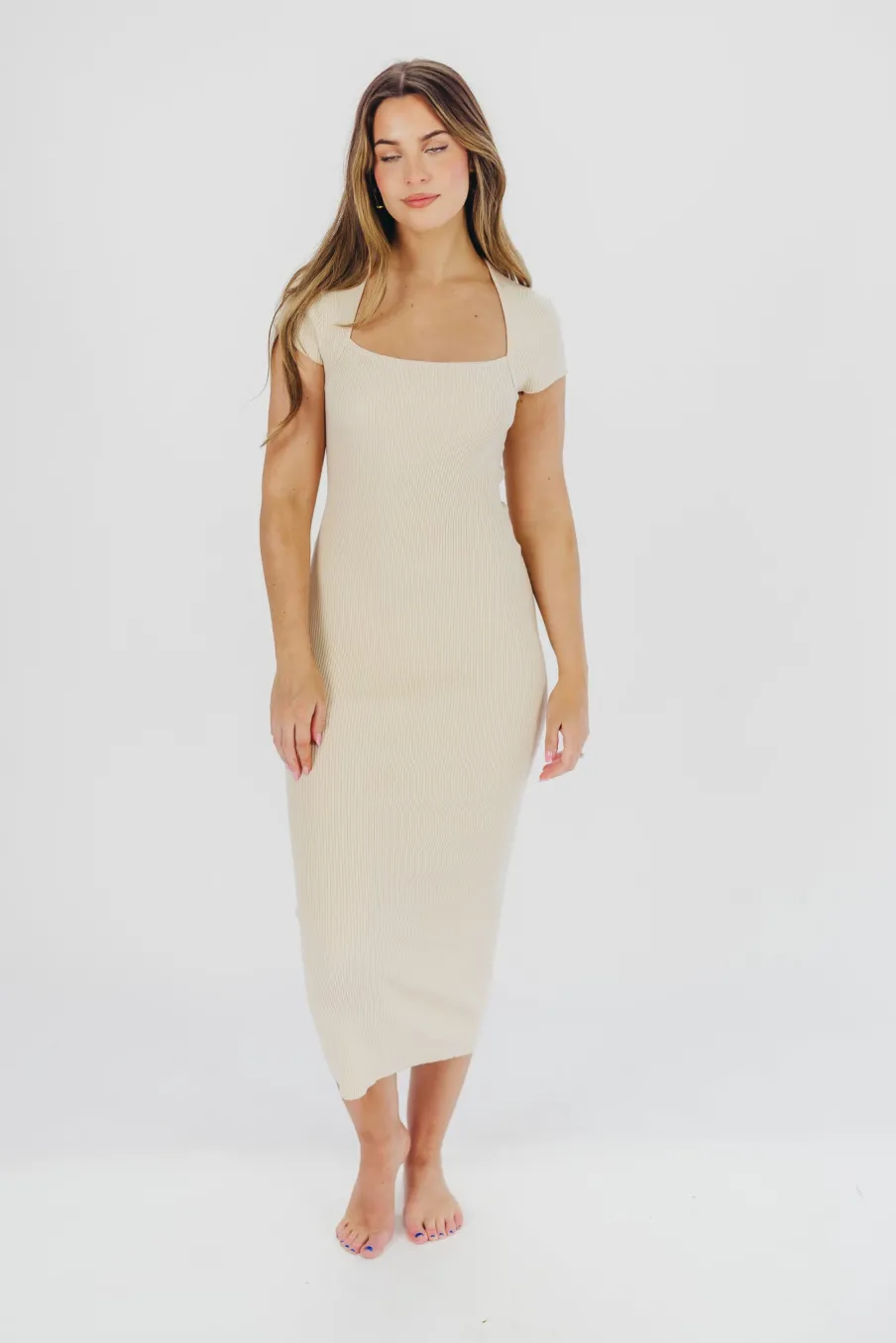 Sale Worth Collective Wren Ribbed Knit Maxi Dress with Square Neckline in Cream (XS-XL) - Wo