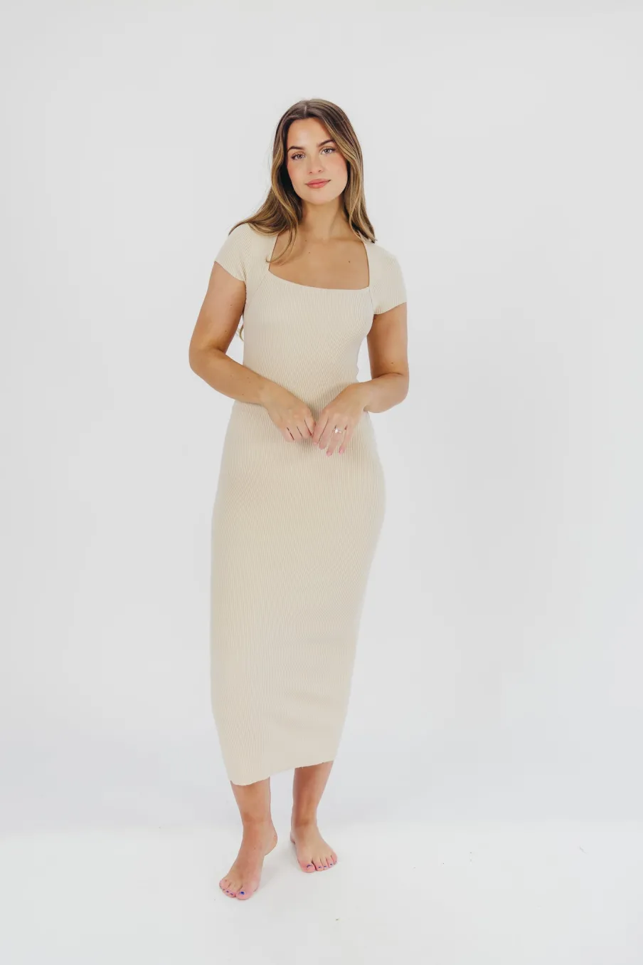 Sale Worth Collective Wren Ribbed Knit Maxi Dress with Square Neckline in Cream (XS-XL) - Wo