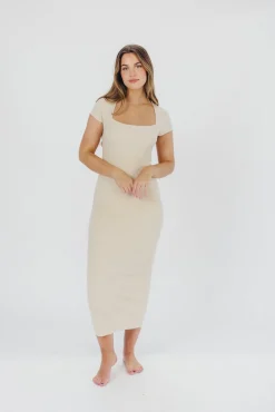 Sale Worth Collective Wren Ribbed Knit Maxi Dress with Square Neckline in Cream (XS-XL) - Wo