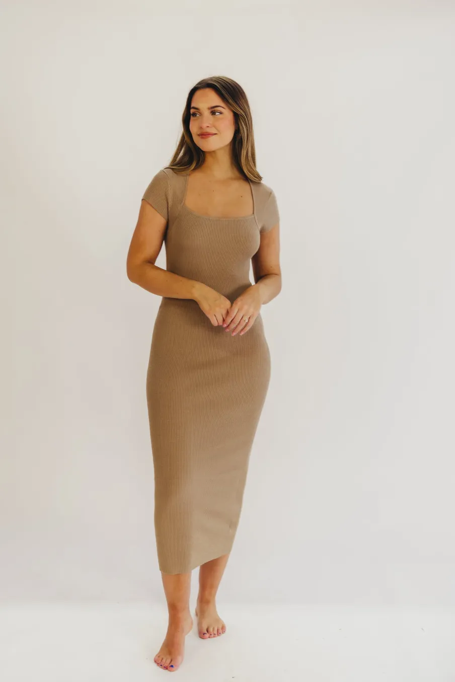 Sale Worth Collective Wren Ribbed Knit Maxi Dress with Square Neckline in Taupe (XS-XL) - Wo