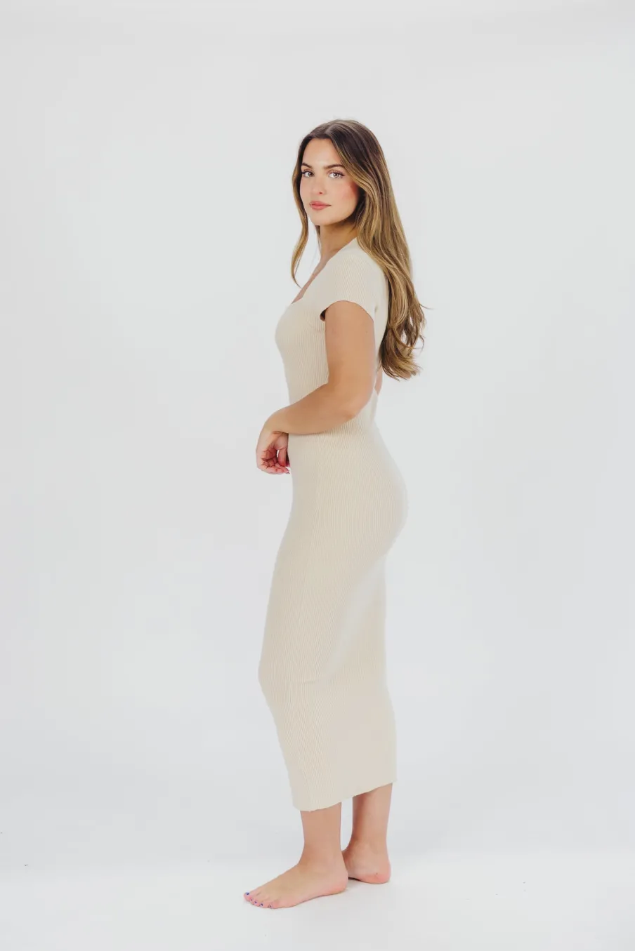 Sale Worth Collective Wren Ribbed Knit Maxi Dress with Square Neckline in Cream (XS-XL) - Wo