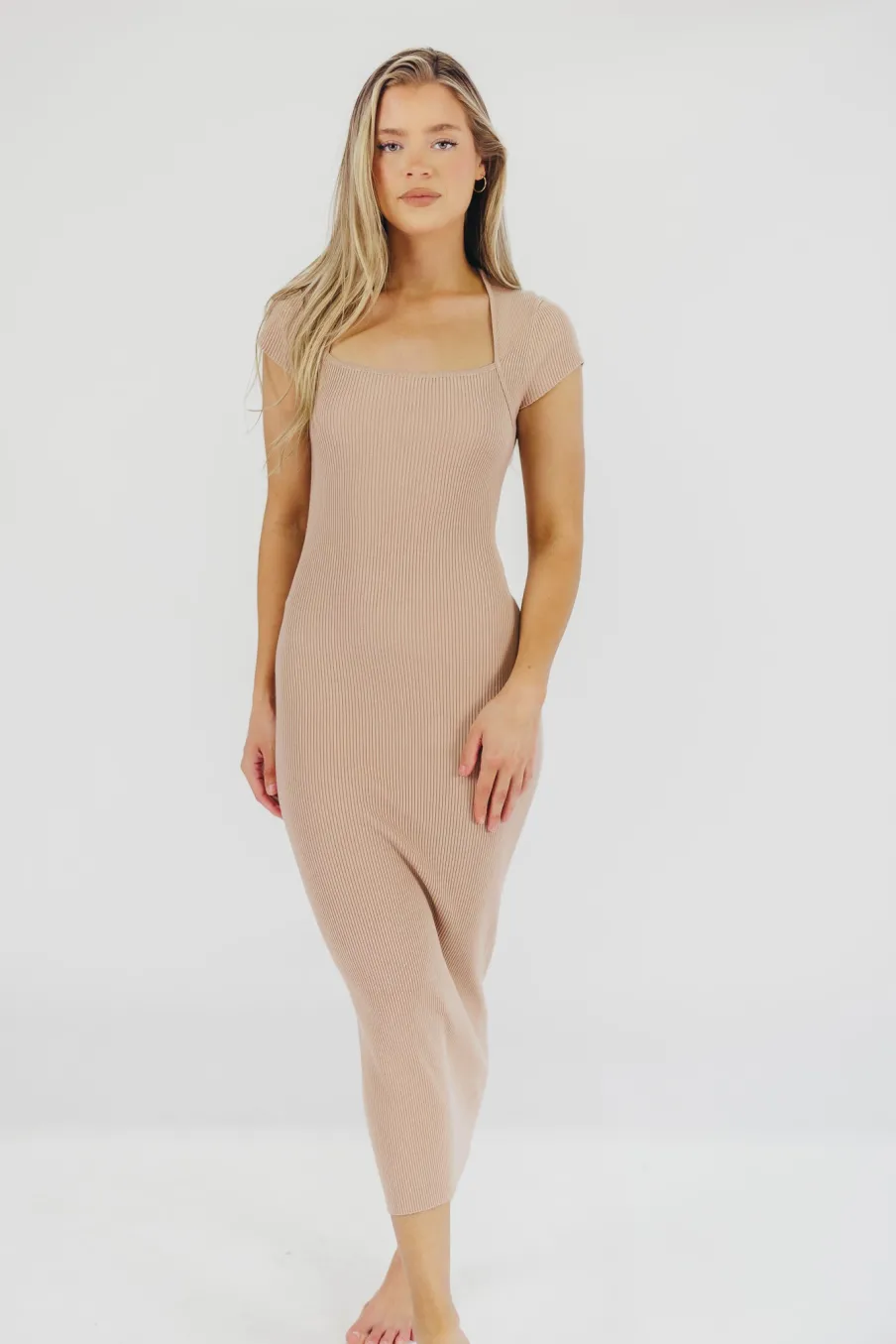 Clearance Worth Collective Wren Ribbed Knit Maxi Dress with Square Neckline in Dusty Blush (XS-XL