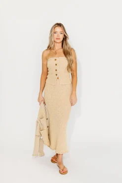 New Worth Collective Yara Braided-Trim Sweater Midi Skirt in Beige