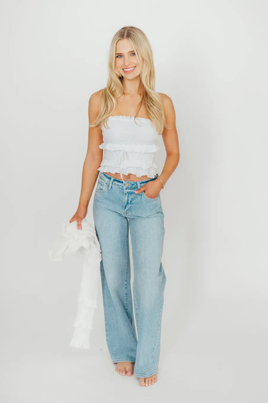 Online Worth Collective Zayne Cardigan and Strapless Tube Top And Sweater Set in Off-White